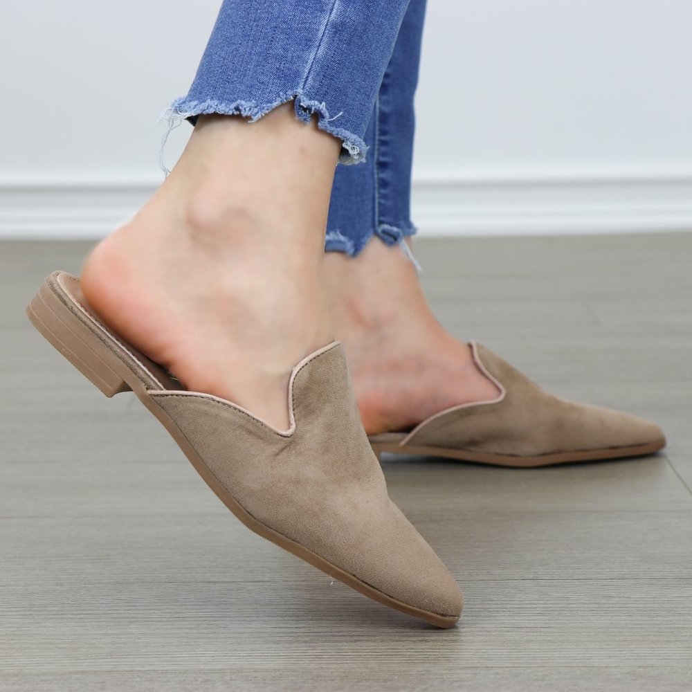 Tan Suede Pointy Toe Slip On Mule Loafers - Picture 3 of 8